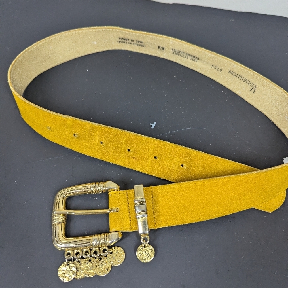 Vintage Vermillion Suede Belt with Gold Coin Charms | Mustard Yellow 26–31"